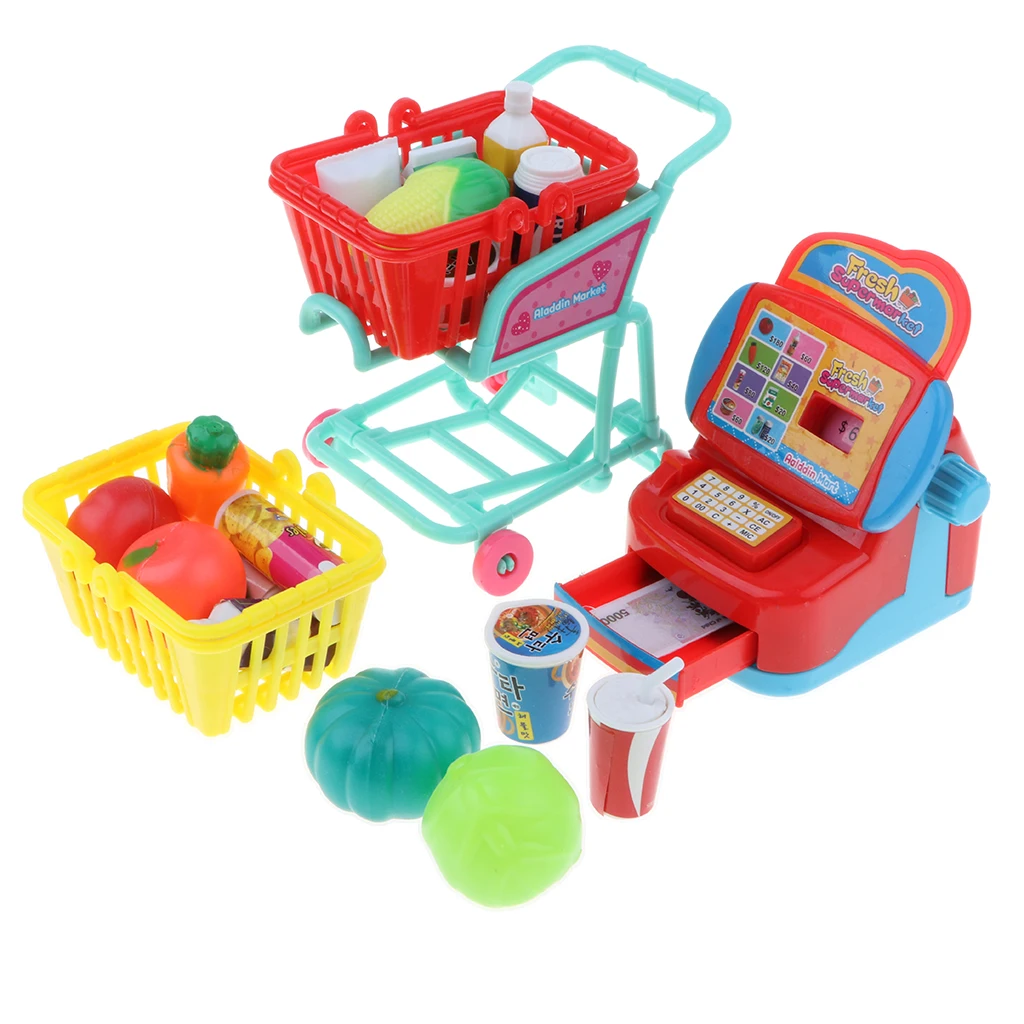 Pretend Play Supermarket Set, Cash Register Playset with Cart and Foods Educational Toy Set for Kids