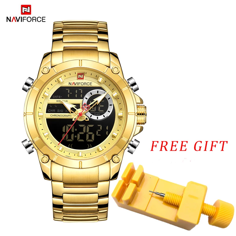Naviforce Men Military Sport Wrist Watch Gold Quartz Steel Waterproof Dual Display Male Clock Watch-2