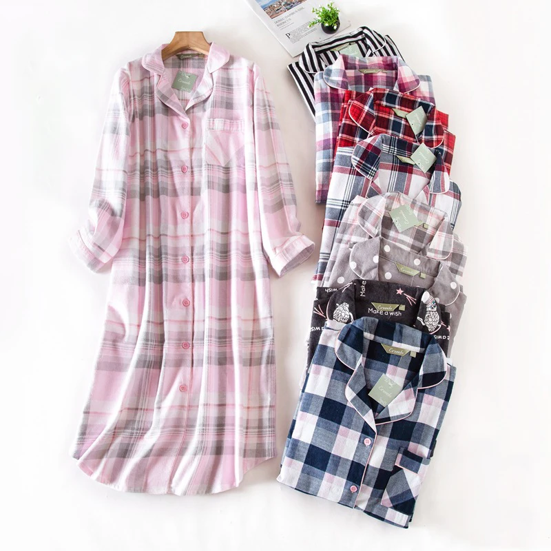 Ladies Cotton Nightgown Plus Size Long-sleeved Flannel Plaid Print Women Sleepwear Button UP women nightgowns women nightdresses sleeping dress