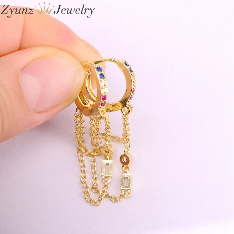 

5Pairs, Gold Filled Tassel Chain Earring Rainbow Zirconia CZ Micro Pave Colorful Multi Crystal Earring For Women Lady