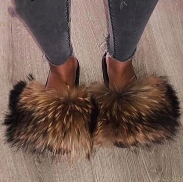 Real raccoon fur slides Clearance