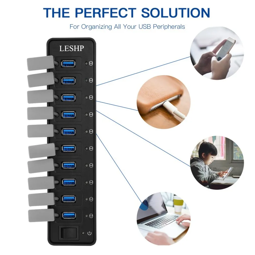 

10 Ports USB 3.0 Hub High Speed 5Gbps USB 3.0 Data Hub Splitter with LEDs & Switch External Power Adapter for PC Laptop