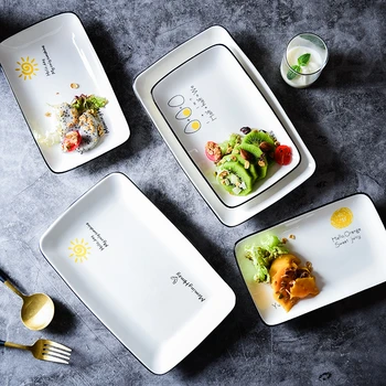 

Ceramic Rectangular Sushi Plate Dessert Breakfast Snack Fruit Cake Dinner Storage Trays Decorative Home Organizer Tableware