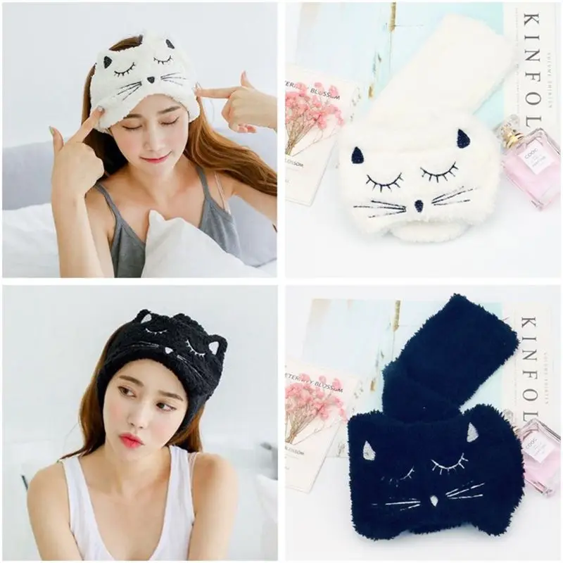 

Korean Women Girls Cute Meow Cat Embroidery Headband Plush Solid Color Adjustable Sticky Wide Hairband Bath Shower SPA Headwear