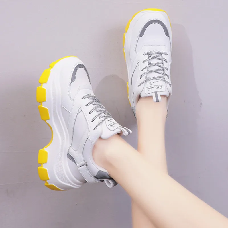 

Women Vulcanized Shoes Korean Thick Soles Dad Platform Lady Shoes 7cm Height Increasing Reflective Women Chunky Sneakers