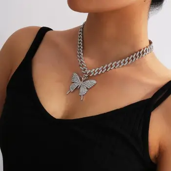 

QIAMNI Iced Out Butterfly Necklace Women Men Bling Rhinestones Hip Hop Jewelry Miami Curb Cuban Link Chain Choker Necklace Gift