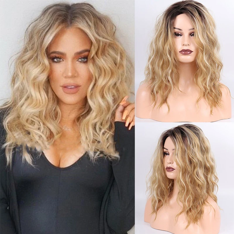 

LINGHANG Short Wavy Blonde Ombre Brown Synthetic Heat Resistant Fiber Wigs For Black Women For Wedding Cosplay Women's Daily