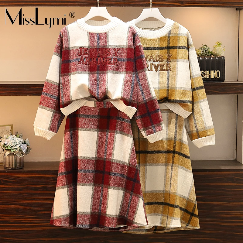 L-4XL Plus Size Vrouwen Gebreide Tweedelige Rok Set Winter 2019 Fashion Plaid Lange Mouwen Tops en Hoge Taille A-lijn midi Rokken L-4XL Plus Size Vrouwen Gebreide Tweedelige Rok Set Winter 2019 Fashion Plaid Lange Mouwen Tops en Hoge Taille A-lijn midi Rokken