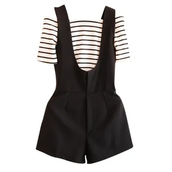 

2PCS Women Sets High + Top Set Slash Neck Pleated Waist Streetwear Shorts Striped Overalls Zipper Fly e