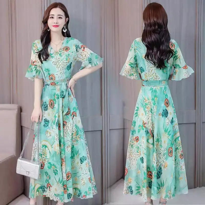

[] Long Skirts Dress Women's Summer New Style Bohemian Large Size Elegant Slim Fit Fairy Printed Dress Summer