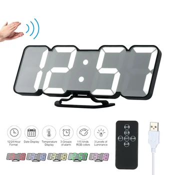 

3D Wireless Remote Digital LED Alarm Clock USB Wall Clock 115-Color Changing 3-Level Brightness Sound Control Wall Desktop Clock