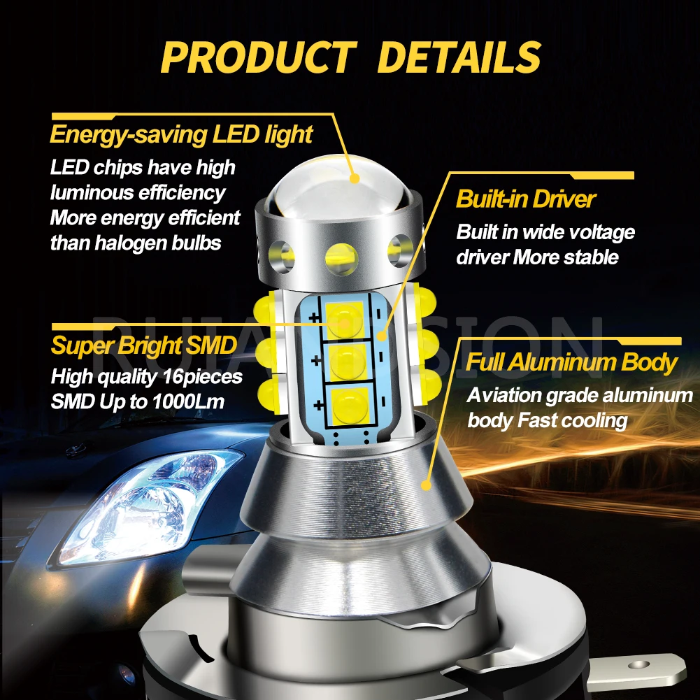 RUIANDSION 2Pcs H11B Small Head Car Fog Light Led Bulb Auto Driving Lamp DRL 2525SMD 2000Lm 6000K For Hyundai Ford Fiesta KIA