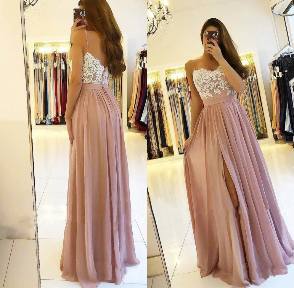 

Blush Pink Long Chiffon Bridesmaid Dresses High Side Split Spaghetti Straps A-Line Appliques Sexy Party Dresses