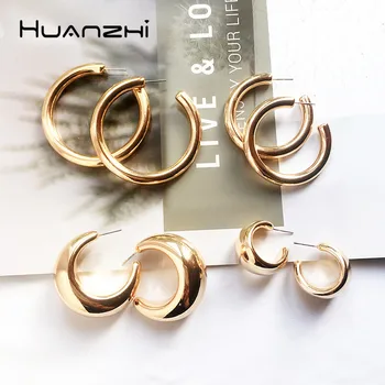 

HUANZHI 2020 New Minimalist Gold Metal Geometric Round C Shape Big Small Circle Hoop Earrings for Women Girls Party Jewelry