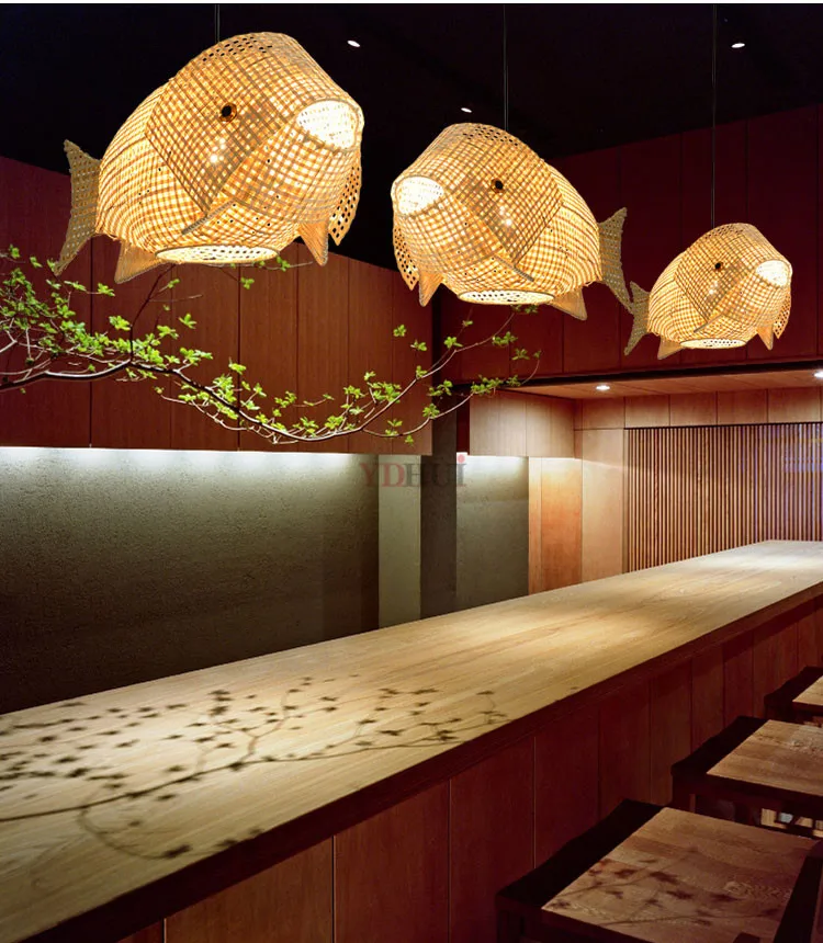 Подвесной светильник из натурального бамбука, плетеного ротанга, рыбы, светильник в стиле АР-деко, подвесной потолочный светильник, дизайнерский светильник для обеденного стола