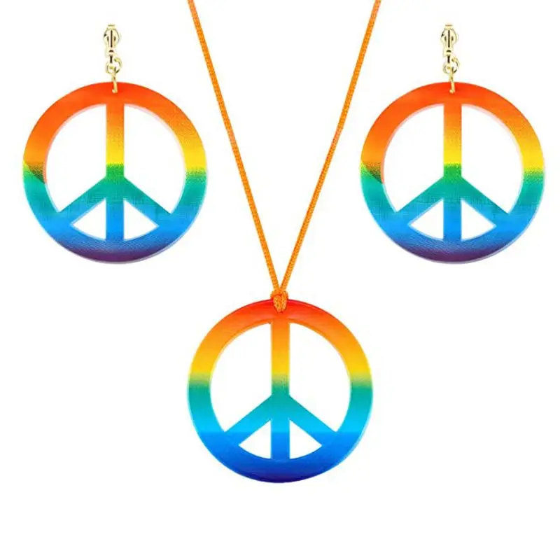 Black Wax Chain Rainbow American Necklace Earrings Hippie Peace Tie Dye Tie Die Glass Cabochon Peace Sign Necklace and Earring Set