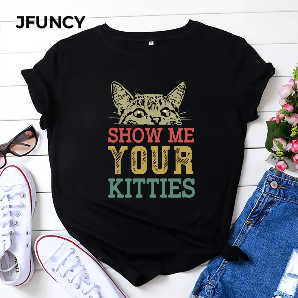 JFUNCY Plus Size Women Tops Cotton T-shirt Summer Short Sleeve Oversize Tshirt Kitties Print Casual Loose Female Tee Shirts