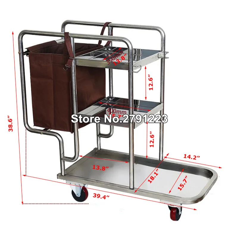 Stainless Steel 3 Shelf Janitor Cart With Cloth Bag Housekeeping Cart Hotel Mute Wheel Commercial Hotel Cleaning