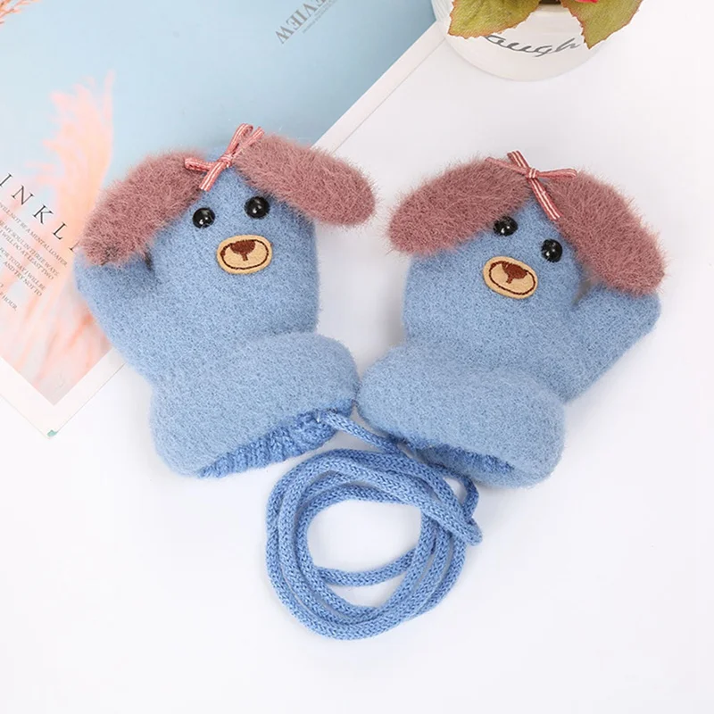 Kids Winter Warm Velvet Thicken Gloves Baby Girls Boys Cashmere Knitting Cute Dog Rope Baby Mitten Gloves For 0-3 Years