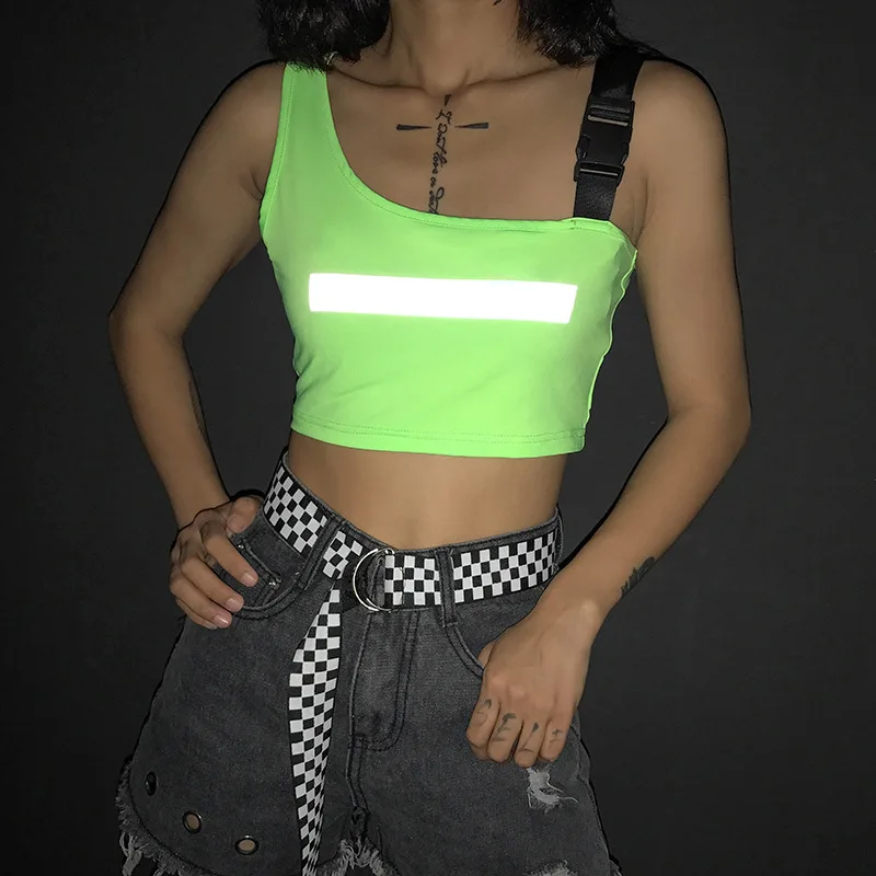 

Neon Top Neon Clothes Reflective Buckle Tops for Women Ladies Femme Neon Green Neon Pink Short Tank Top Korean Cropped Feminino