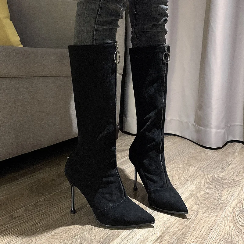 

7777-9 Autumn And Winter Front Zipper Thigh Boot Hose Thin shi shang xue Martin Boots Women's Boots High Heel Pointed Thin Heele