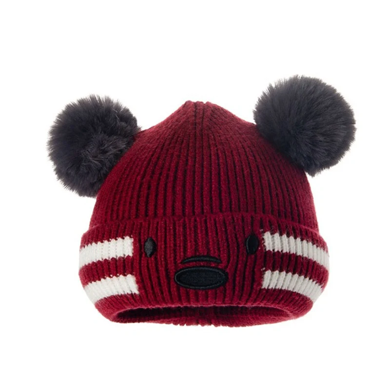 Baby Beanies Double Ball Wool Cartoon Pompom Hat Children Winter Knitted Hats Cute Cap for Girls Boys Thick Kids Beanies - Цвет: wine red baby hat