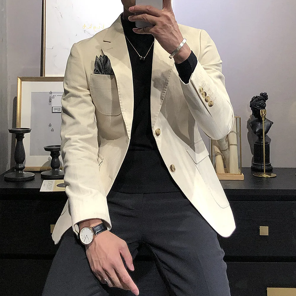 

2020 Spring Men Bead Edge Suit Korean-style Slim Fit Two-Button Hair Stylist Patch Pocket Long Sleeve Suit Coat Tops