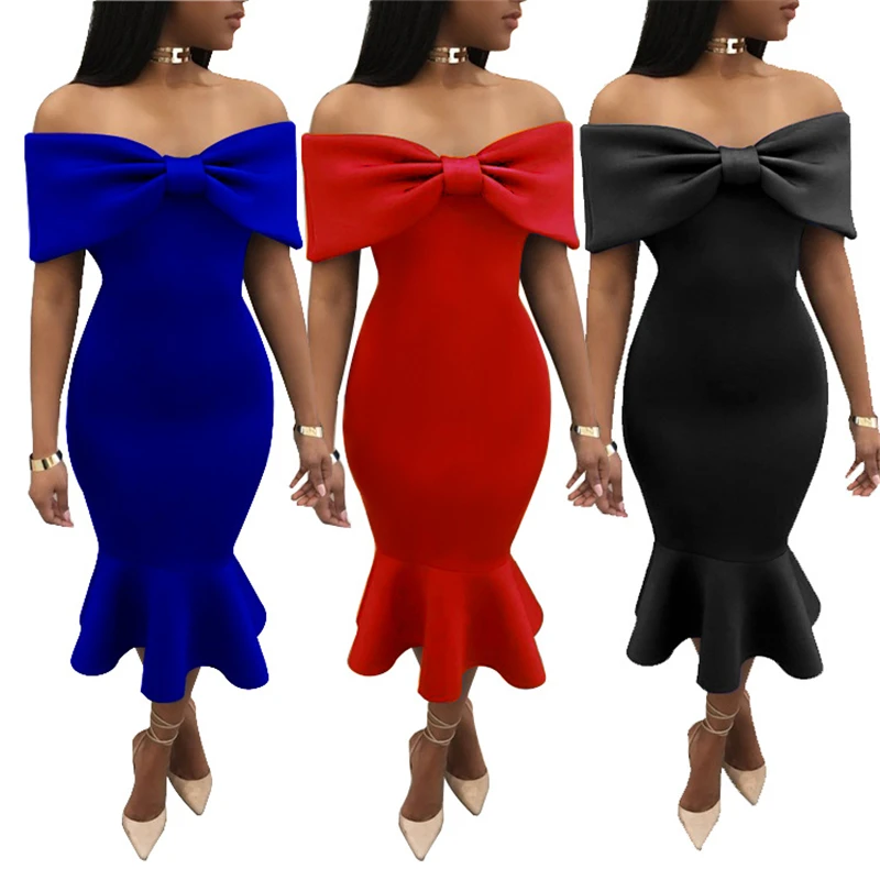 

BKMGC Ladies One Word Collar Elegant Dress Autumn Warm Solid Color Slim Fishtail Red Birthday Party Club Vintage Dress