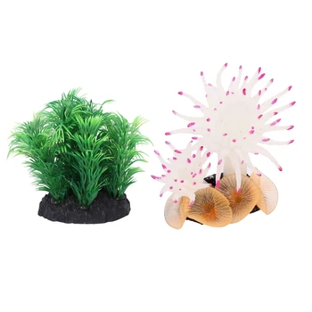 

2Pcs Aquarium Artificial Plant: 1Pcs Plastic Grass Aquatic Plant Green 8cm & 1Pcs Artificial Coral Decoration 8.9cm Tall