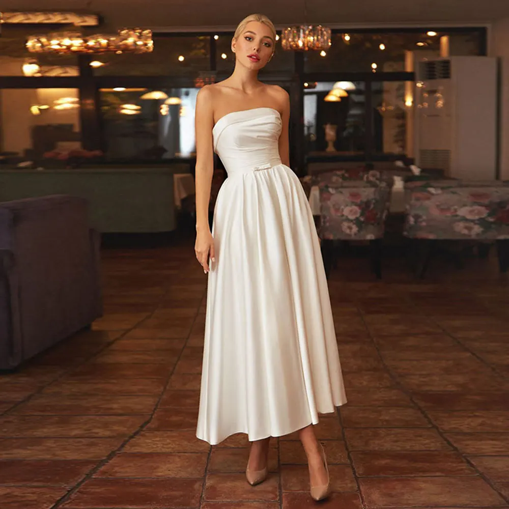 Vintage Satin Wedding Dresses Strapless Backless Ankle-Length Beach Bridal  Gowns | eBay