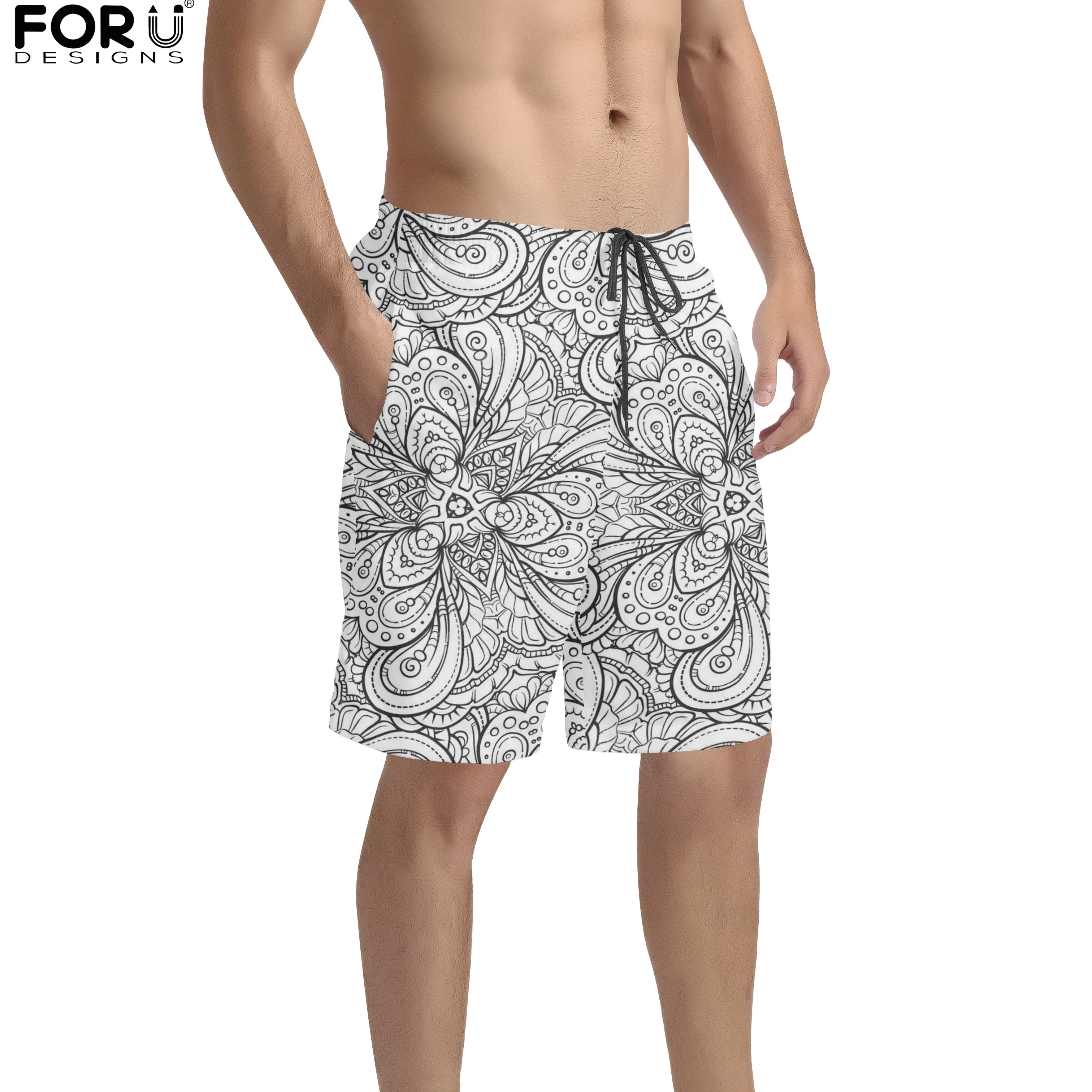 FORUDESIGNS Paisley Black and White Men's Hawaiian Boardshorts Stretch Performance Short Pants Male Beach Wear Briefs Dropship | Мужская