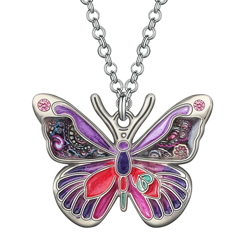 Bonsny Enamel Crystal Alloy Floral Insect Butterfly Necklace Pendant Chain Fashion Party Jewelry For Women Girl Teens Charm Gift Purple
