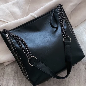 

Fashion Women Shoulder Bag With Chain PU Leather Crossbody Designer Famous Brand Rivet Retro Soft Simple Cheap Black Simple New