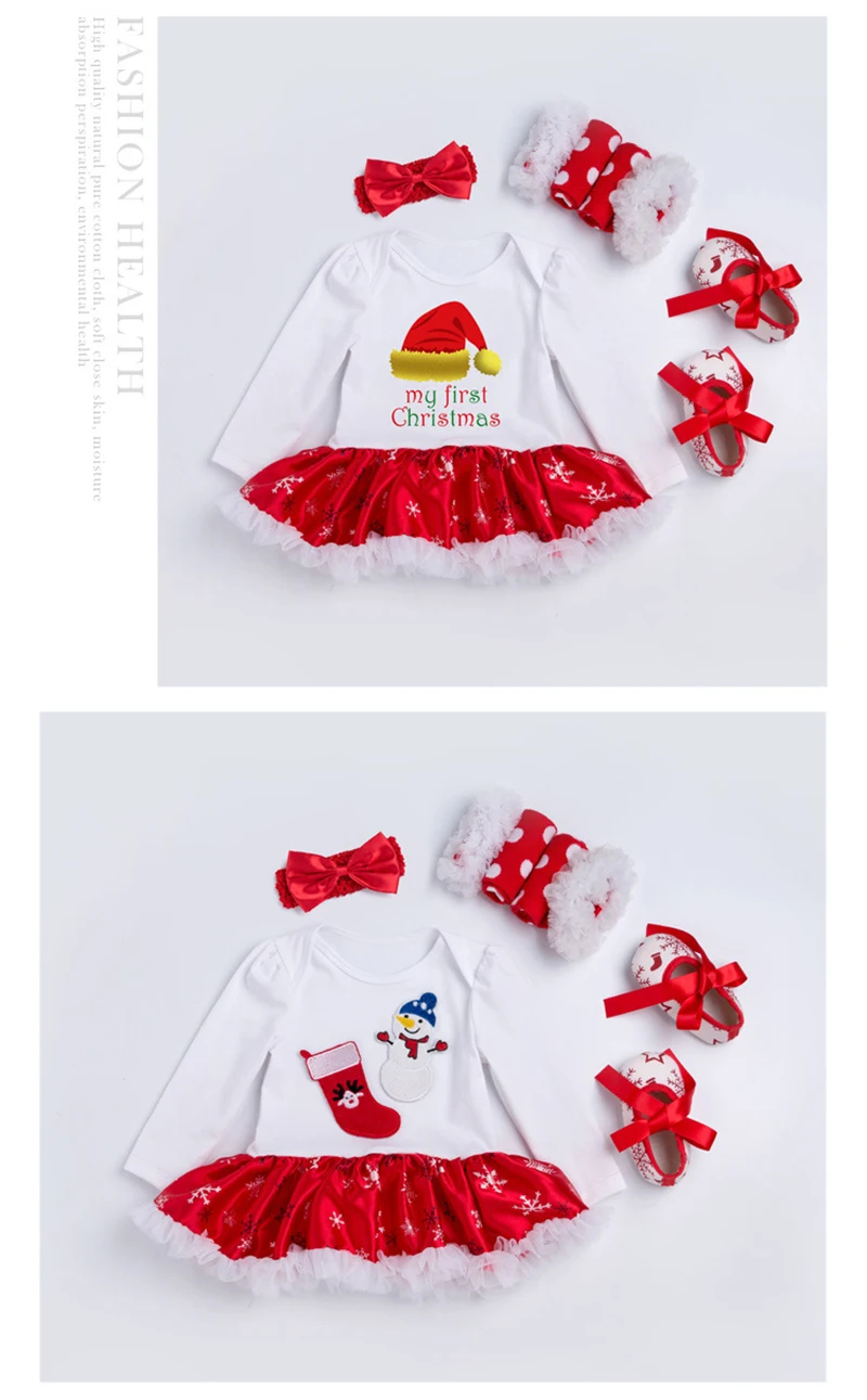 Рождественский костюм для новорожденных, новогоднее платье, 4 предмета одежда для маленьких девочек с чулками Комплект боди для малышей, детский комбинезон, комплект одежды