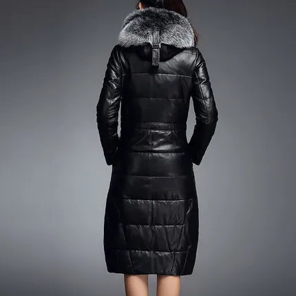 

Женская длинная куртка на утином пуху, пальто из натуральной кожи с капюшоном и отделкой из натурального Лисьего меха, LX356, 3XL