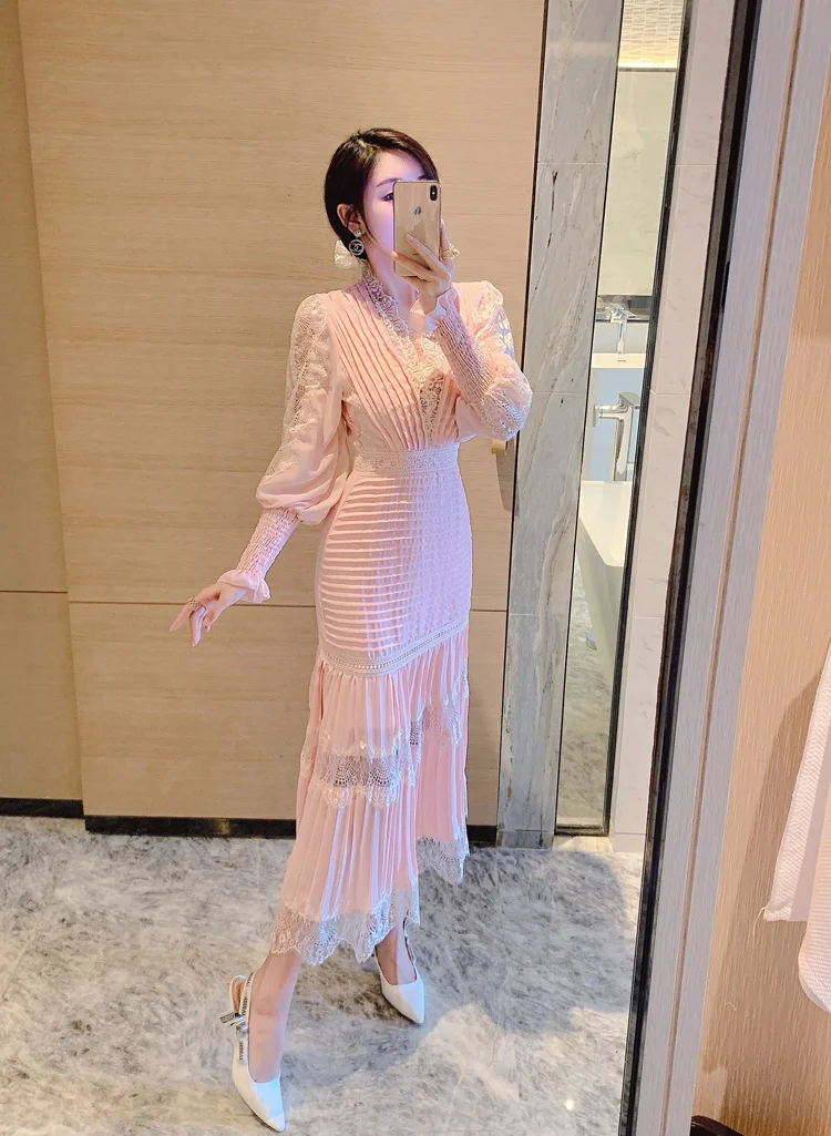 JSXDHK Fashion Runway Women Pleated Party Dress Spring Sexy V Neck Lantern Sleeve Chiffon Patchwork Lace Bodycon Slim Long Dress a line dress