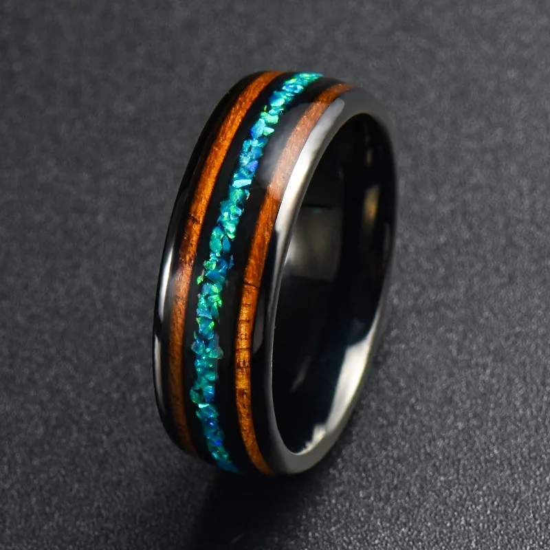 2019 Trendy 8mm Width Stainless Steel Wedding Rings for Couples High Polished Dome Band inlay Two PCS Koa Wood and Opal US Size | Украшения