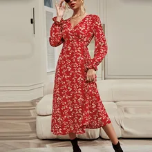 Robe portefeuille Vintage rouge à manches longues pour femmes, vêtement à fleurs, taille haute, col en V, longue, fluide, style Boho, automne hiver 