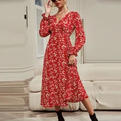 Vestido Floral rojo Vintage de manga larga para mujer, vestido largo con lazo de cintura alta, cuello de pico, Swing, bohemio, Otoño e Invierno