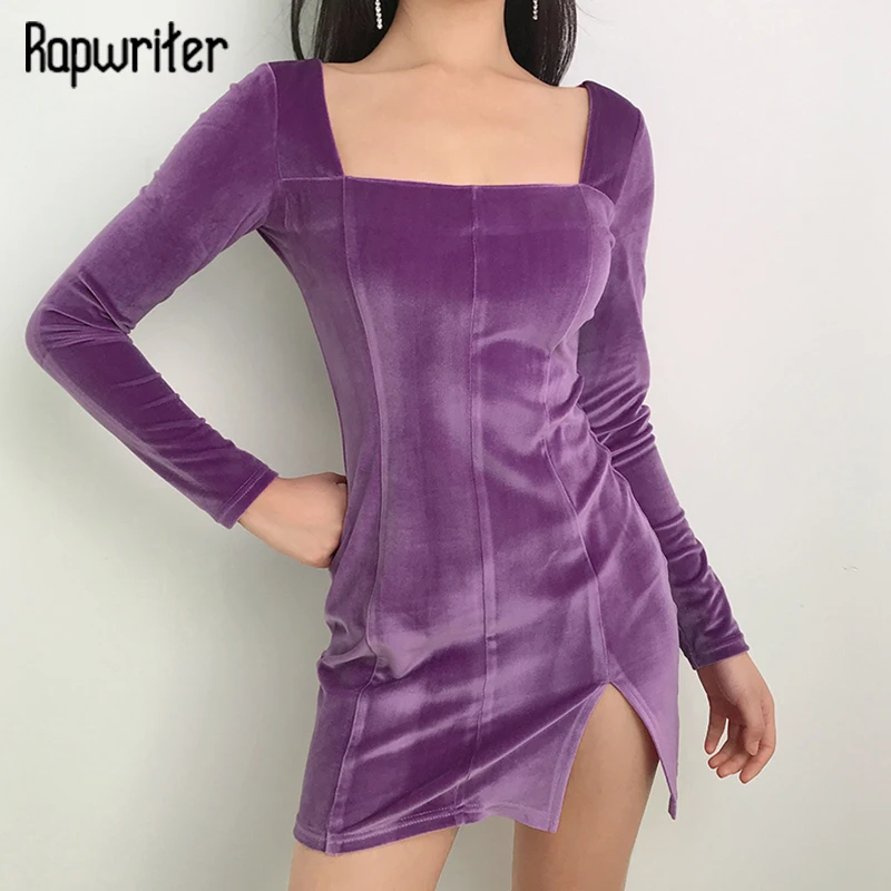 Rapwriter Vintage Solid Velvet Dress Women 2020 Stretch Bodycon Elegant Side Split Dresses Long Sleeve Party Clothes Femme | Женская