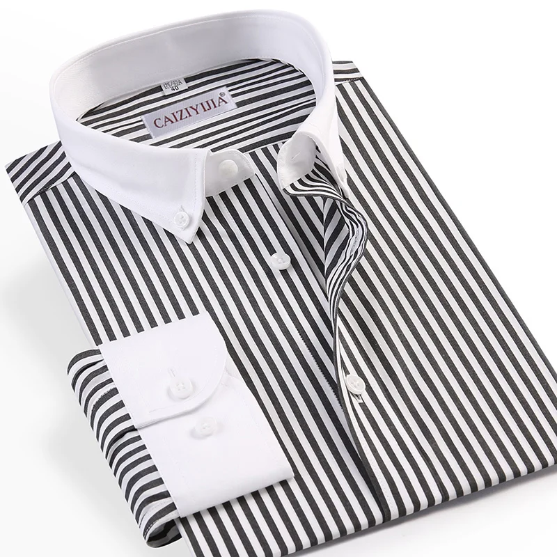 MensFashionPatchworkCollarLongSleeveStripedDressShirtWithout