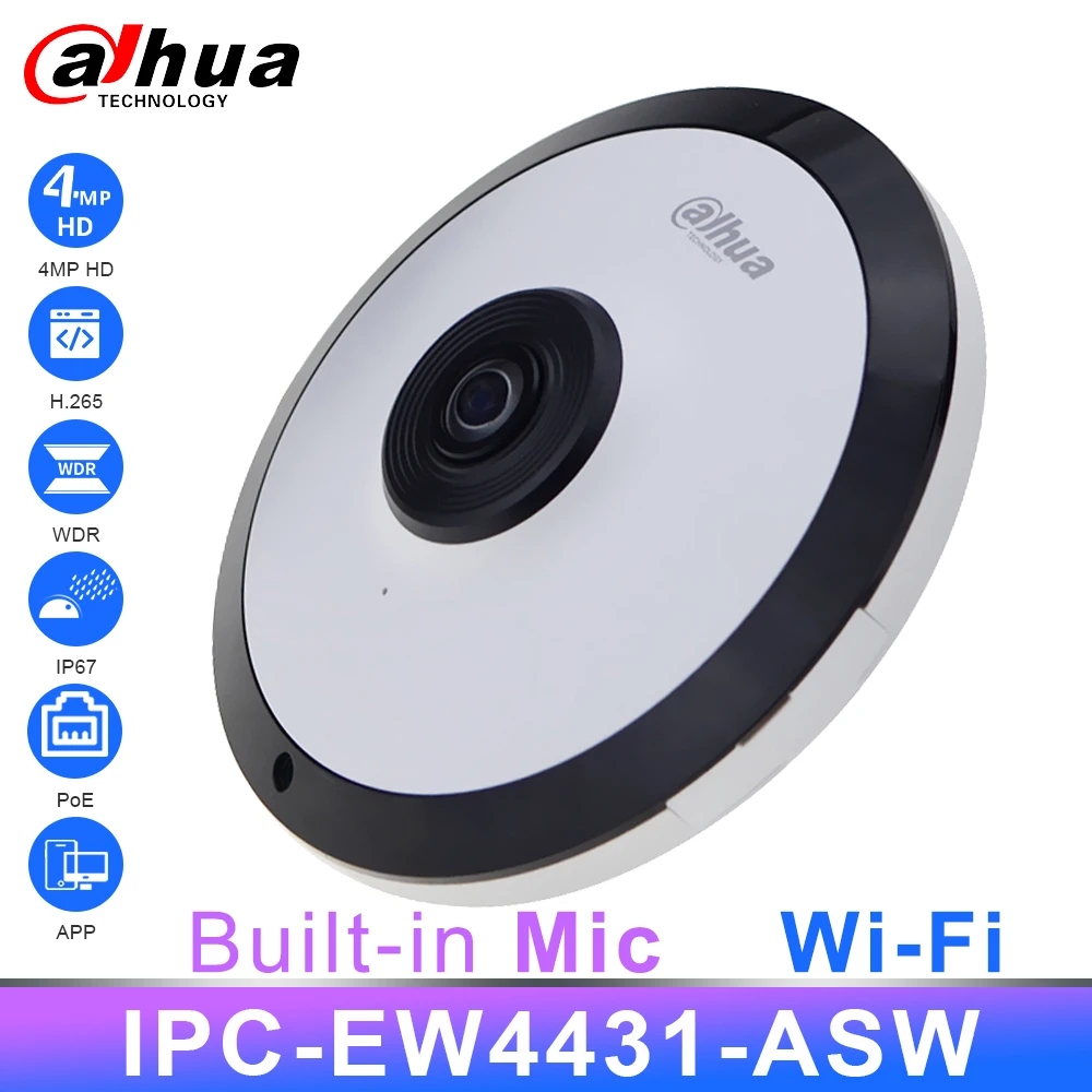 Dahua Fisheye HD 4MP IP Camera Security IPC-EW4431-ASW Panoramic Network Wi-Fi IP67 H.265 PoE Mic Slot Audio Alarm CCTV Webcam