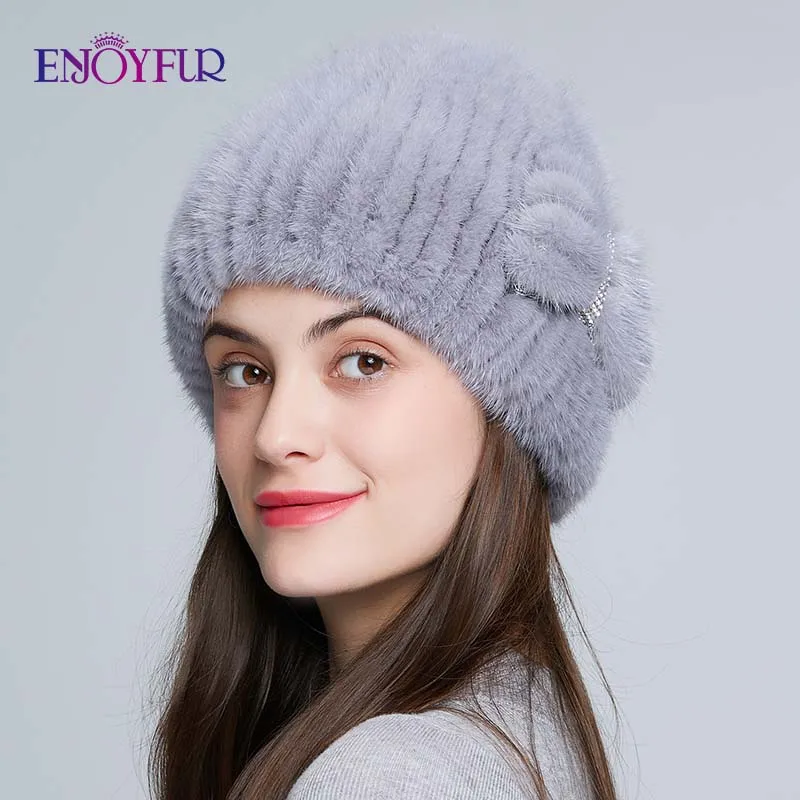 ENJOYFUR натуральный мех норки шапки для женщин зимние высококачественные вязаные меховые шапки толстые теплые русские женские шапки