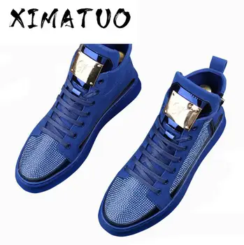 

New Men luxury rhinestone metal plate platform high tops Casual Flats Shoes Man Rock punk Loafers board Sneakers zapatos hombre