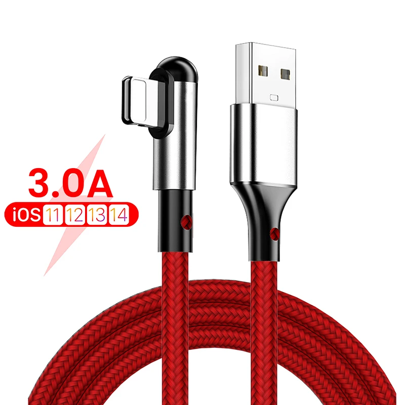 3A 90 Degree Fast Charging USB Cable For iPhone 13 12 11 Pro Max XS XR X 8 7 6 6S L-shape Nylon USB Wire Cord Alloy Phone Cable best fast charging cable for android