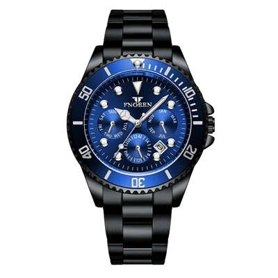 FNGEEN, Лидирующий бренд, серебристо-зеленые классические мужские часы, уникальный циферблат, кварцевые часы, нержавеющая сталь, календарь, водонепроницаемые спортивные часы - Цвет: black blue