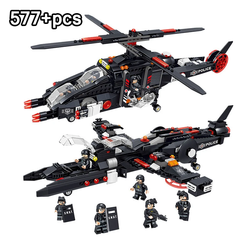 

577PCS SWAT Police Helicopter Warship Building Blocks Compatible Brand City Military Soldier Figure Bricks Toy for Children Gift