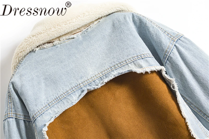 Dressnow, женская короткая джинсовая стеганая куртка, для девушек, плюс бархат, толстая овечья шерсть, пальто, женские модные зимние пальто