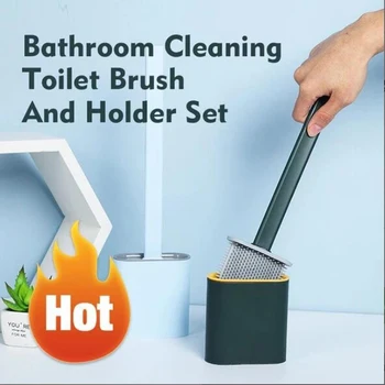 

Silicone Wc Wall Mounted Flat Head Toilet Brush Flexible Soft Bristles Brush With Quick Drying Holder set for Bathroom Accessor
