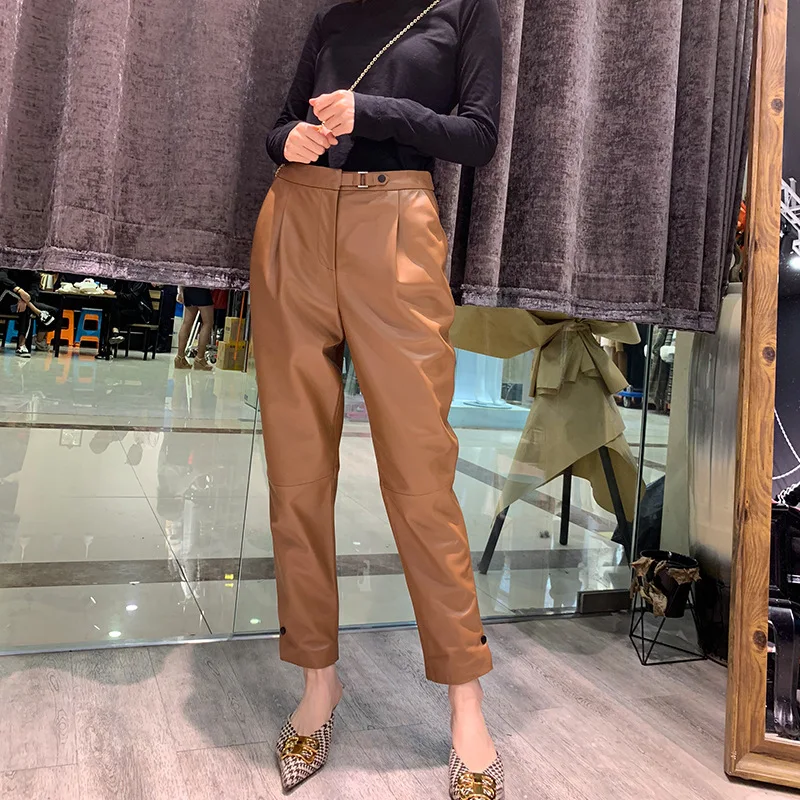 

Women Autumn winter High quality real leather pants Fashion high-waist pencil pants sheepskin leather ninth pants A837